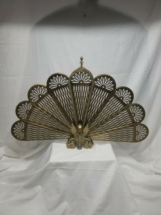 Vintage Peacock Style Victorian Brass Fanning Fireplace Screen & Winged Gargoyle