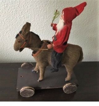 Antique German Santa Claus Riding A Nodding Head Donkey Pull Toy (mohair Hide)