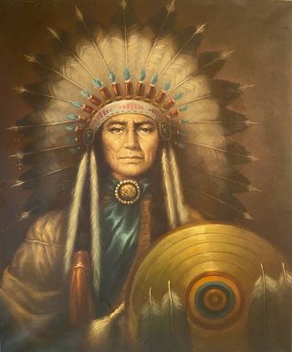 Vintage Retro Western Native American Indian Chief Oil Painting Mid Century