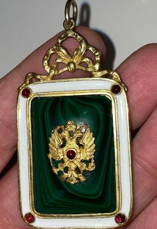 Very Large Antique Russian Silver Pendant With Ruby Cabachon And Malachite