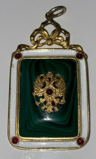 VERY LARGE ANTIQUE RUSSIAN SILVER PENDANT WITH RUBY CABACHON AND MALACHITE 2