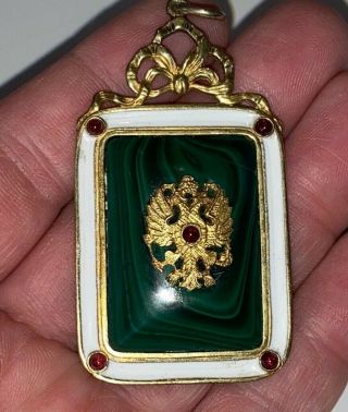 VERY LARGE ANTIQUE RUSSIAN SILVER PENDANT WITH RUBY CABACHON AND MALACHITE 6