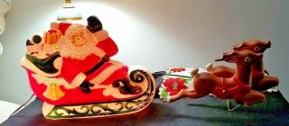 Vintage Christmas Santa In Sleigh & Reindeer Blow Mold Usa