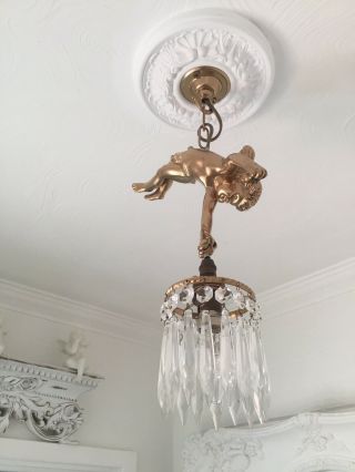 Restored French Antique Cherub Chandelier Crystal Hanging Pendant Light