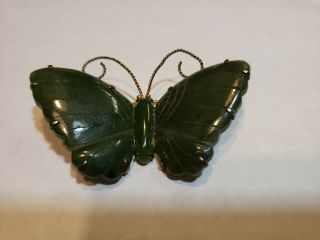 Vintage Sterling Silver 925 Carved Jade Stone Jadite Butterfly Brooch Pin 2 5/8 "