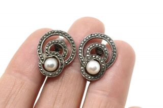 A Vintage Sterling Silver 925 Pearl & Marcasite Clip On Earrings 27194