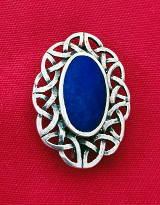 Sterling Silver 925 Vintage Celtic Knot Brooche With Lapis Lazuli Cabochon Stone