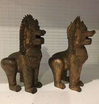 antique / vintage pair asian bronze temple guardian foo dog.  details 3