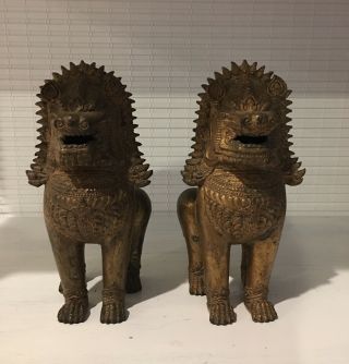 antique / vintage pair asian bronze temple guardian foo dog.  details 6