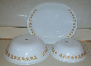 Vintage Corelle Butterfly Gold Oval Serving Platter,  10 1/4 " D & 8 1/2 " D Bowls