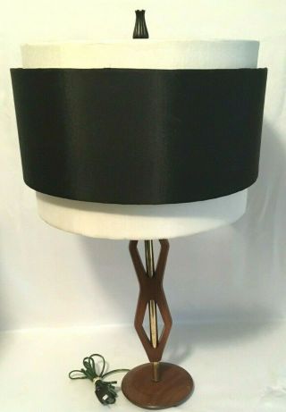 Vintage Mcm Mid Century Modern Wood Wooden Table Lamp With 3 Tier Shade Atomic