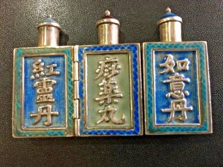 19th Century China Chinese Silver Enamel Medicine 3 In One Folding Snuff Bottles