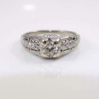 Vtg Antique Art Deco Filigree 14k White Gold Ring 0.  31ctw Diamond Size 6 Lhb3