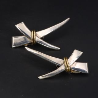 Vtg Sterling Silver & Brass Modern Abstract Criss Cross Clip On Earrings - 20.  5g