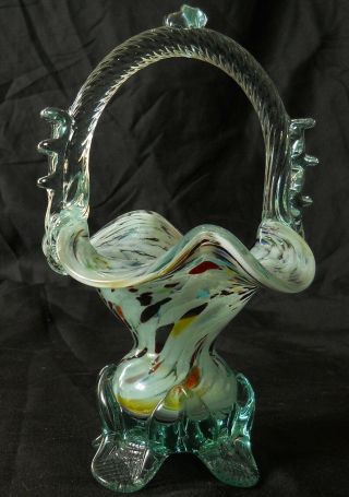 A 7” Hand Made Vintage Murano Glass Basket Vase Pale Green Splatter Swirl Bowl