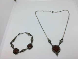 Truly Vintage Sterling Silver & Carnelian Bracelet & 15 " Pendant Necklace