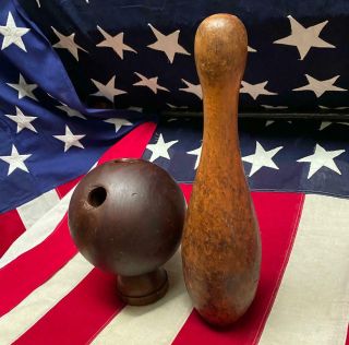 Vintage Antique Wood Bowling Pin 17 " W/ 2 Hole Bowling Ball Turn Of The Century