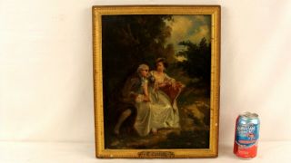 Antique Early 19c Romantic Couple In Landscape Oil Painting