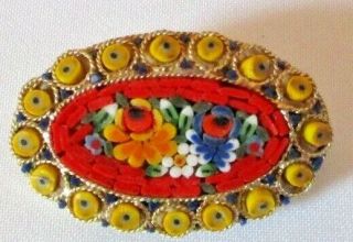 Vintage Micro Mosaic Brooch Pin Flowers Roses Bright Colors Yellow Red Gold Tone