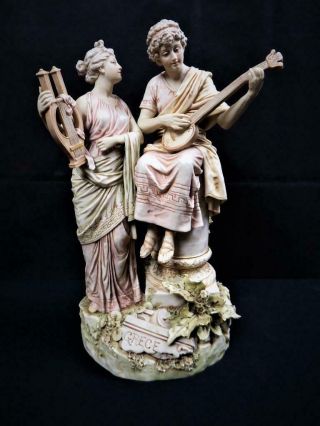 Antique Royal Dux Bohemia Ancient Greek Musical Couple Large Figure 1900s