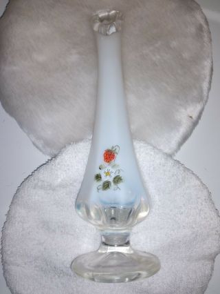 Old Vintage Fenton Opalescent White & Clear Strawberry Bud Vase W Ruffled Trim