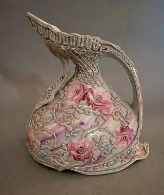 Antique Japanese Nippon Moriage Pink Roses Lace Beading Porcelain Pitcher Ewer