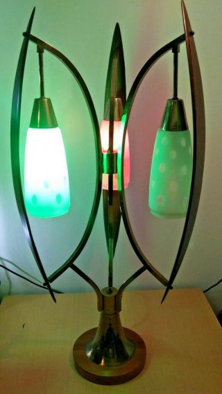 Vintage Mid Century Modern Danish Teak and Brass Table Lamp 3 Way Light 2