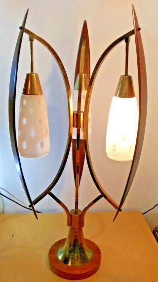 Vintage Mid Century Modern Danish Teak and Brass Table Lamp 3 Way Light 3