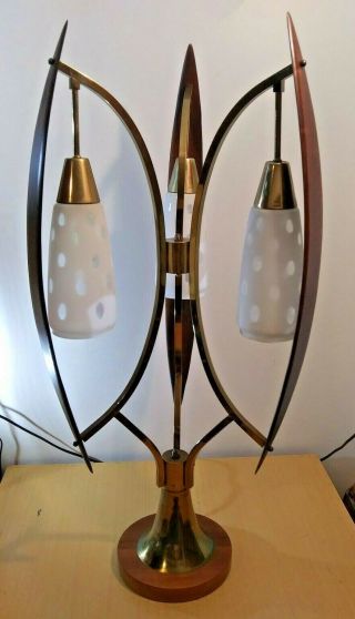 Vintage Mid Century Modern Danish Teak and Brass Table Lamp 3 Way Light 4