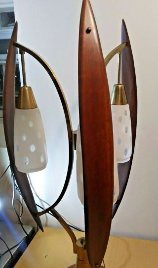 Vintage Mid Century Modern Danish Teak and Brass Table Lamp 3 Way Light 5