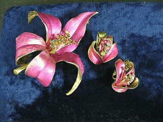 Vintage 40s 50s 60s Pink Orchid Brooch And Earring Set Rhinestone Flower Brooch