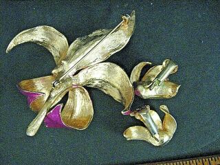 Vintage 40S 50S 60S Pink orchid brooch and earring set Rhinestone flower brooch 2
