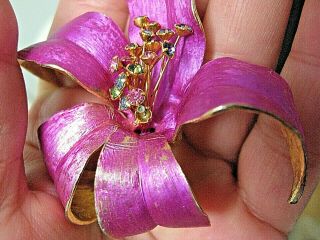 Vintage 40S 50S 60S Pink orchid brooch and earring set Rhinestone flower brooch 3