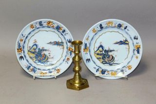 Rare Pair 18th C Bristol English Delft Tin Glaze Plates With Bold Oriental Scene