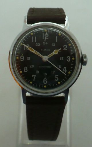 Vintage Black Dial Military Style Timex 12 And 24 Hour Wristwatch Runs Well