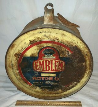 Antique Emblem Motor Oil Tin Litho Rocker Can Warren Pa Gas Service Station Sign