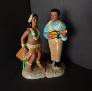 Vintage Hawaii Couple Salt Pepper Shaker Set Hula Girl Ukulele Boy Souvenir