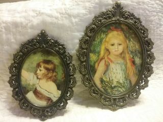 2 Vintage Metal Framed Pictures Of Young Girls - Made In Italy For Action