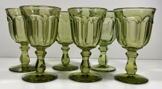 Vintage Avocado Green Glass - Set Of 6 Goblets - Olive Stemmed Glasses - 5 1/4”