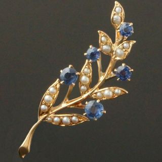 Antique C - 1900 Solid 14k Gold Blue Sapphire & Seed Pearl Floral Motif Pin Brooch