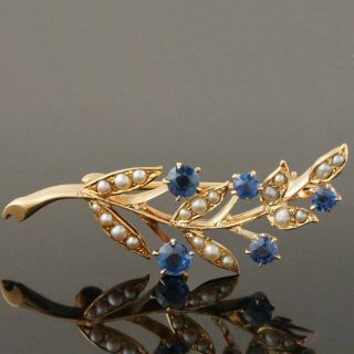 Antique c - 1900 Solid 14K Gold Blue Sapphire & Seed Pearl Floral Motif Pin Brooch 2