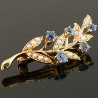 Antique c - 1900 Solid 14K Gold Blue Sapphire & Seed Pearl Floral Motif Pin Brooch 4