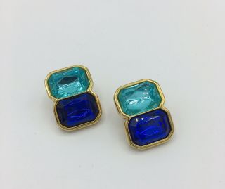 Vintage Kjl Kenneth J Lane Gold Plated Blue Clear Lucite Earrings 1” L 3/8 W