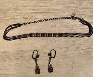 Vintage Chocker Necklace & Earrings Pewter Metal Dark Gray Rinestones 2