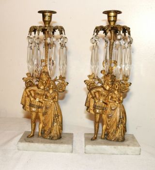 Pair Antique Ornate Girandole Dore Bronze Crystal Candelabra Candle Holder Brass