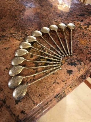 Fine Antique 19th Century Silver Russian 84 Mark 12 Tea Spoons Gold Plated