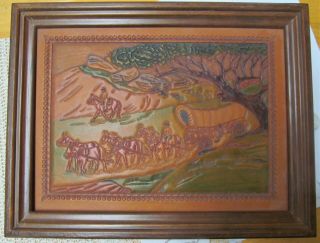 Vintage Hand Tooled Leather Etched Craft Picture Wagon Horses Tree Cowboys