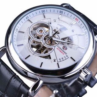 Black Skeleton Men Watch Automatic Mechanical Dial Luxury Self Wind Leather Band