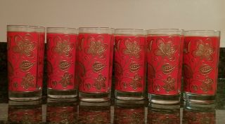 6 Vintage Mcm Libbey Red & Gold Embossed Floral Highball/ Cocktail Glasses