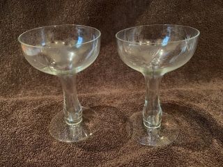 Two Vintage Bulbous Hollow Stem Champagne Coupes Barware Starburst Etching
